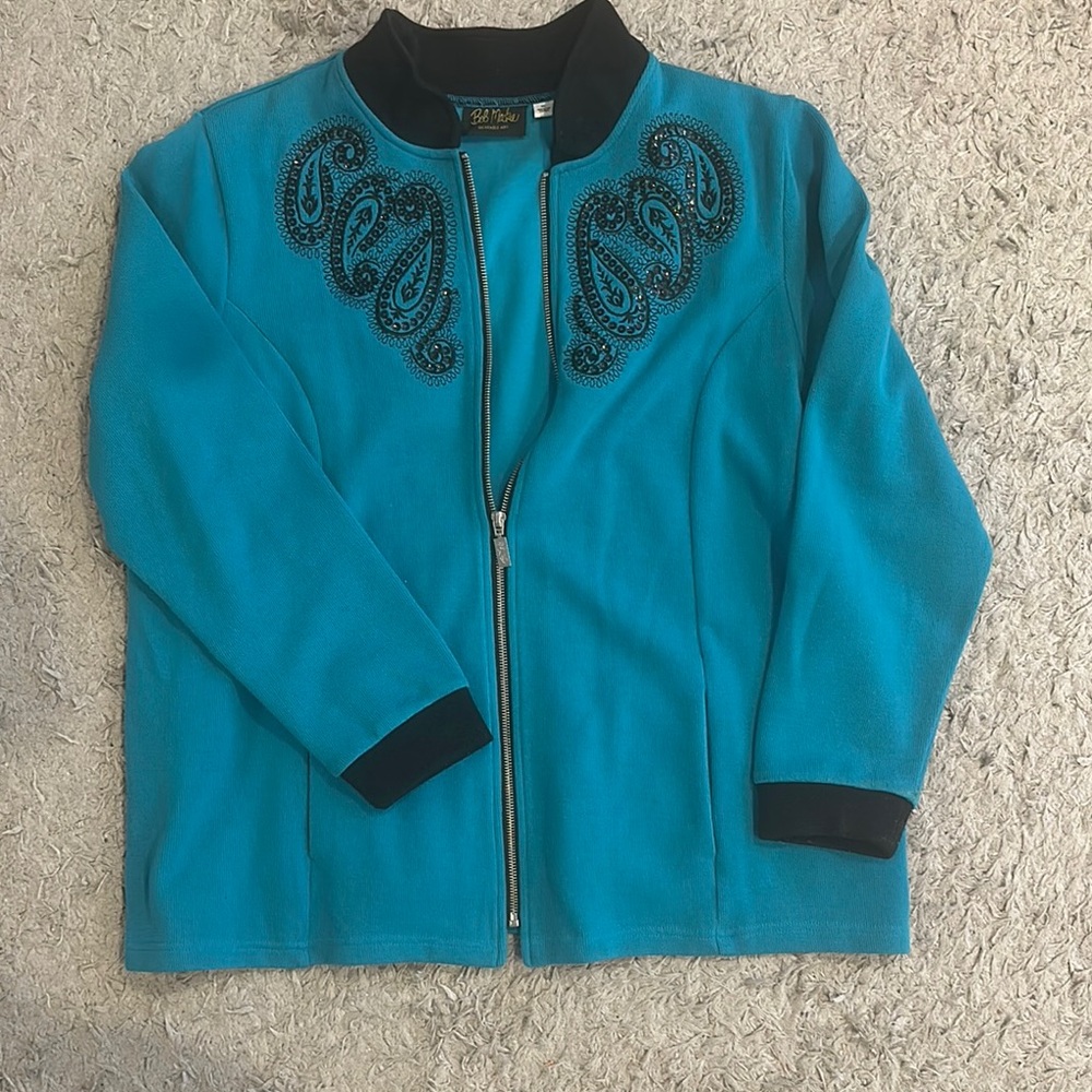 Bob Mackie Blue Embroidered Zip up Jacket